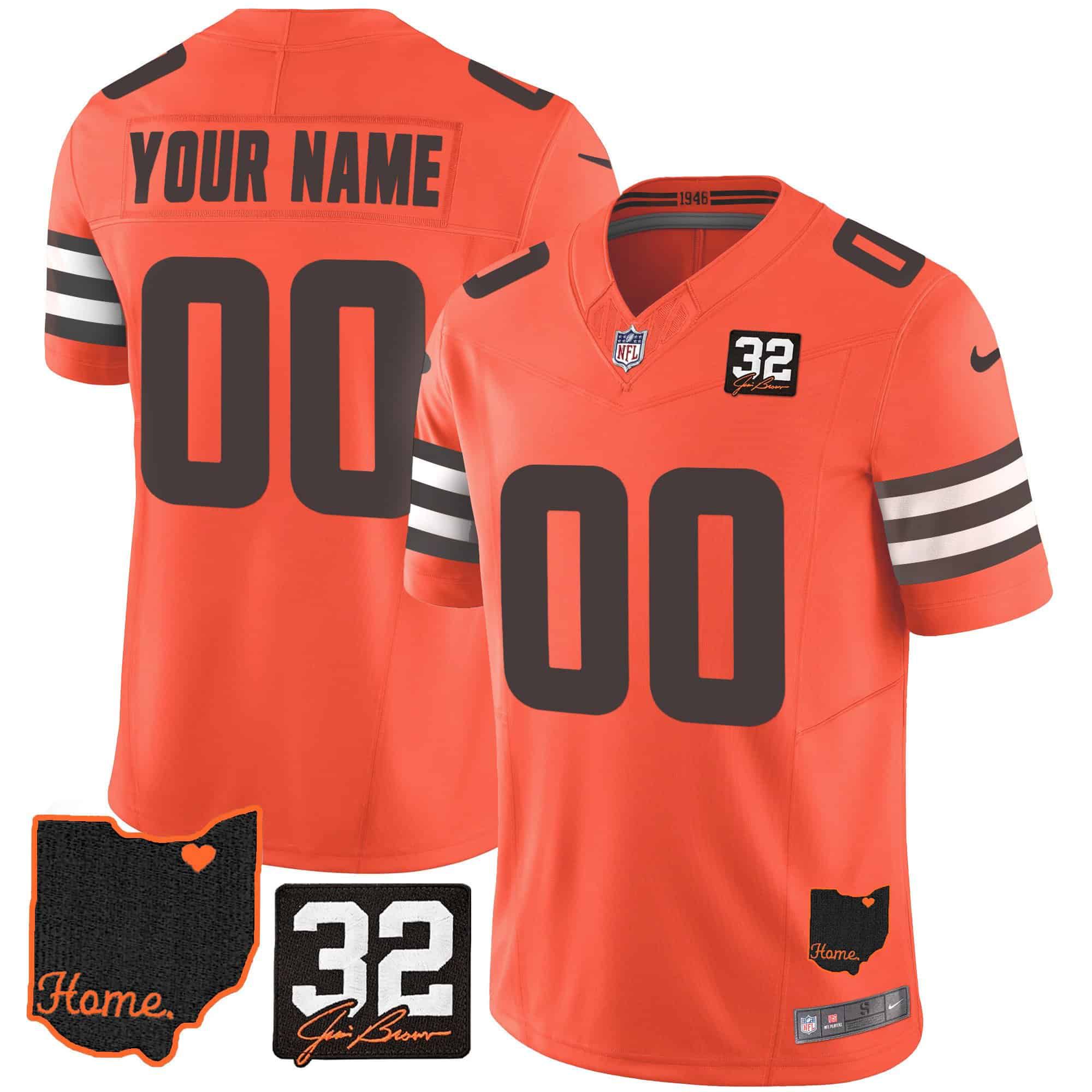 Men Cleveland Browns Orange #32 Jim Brown Memorial Home Patch Custom 2024 Nike NFL Jersey